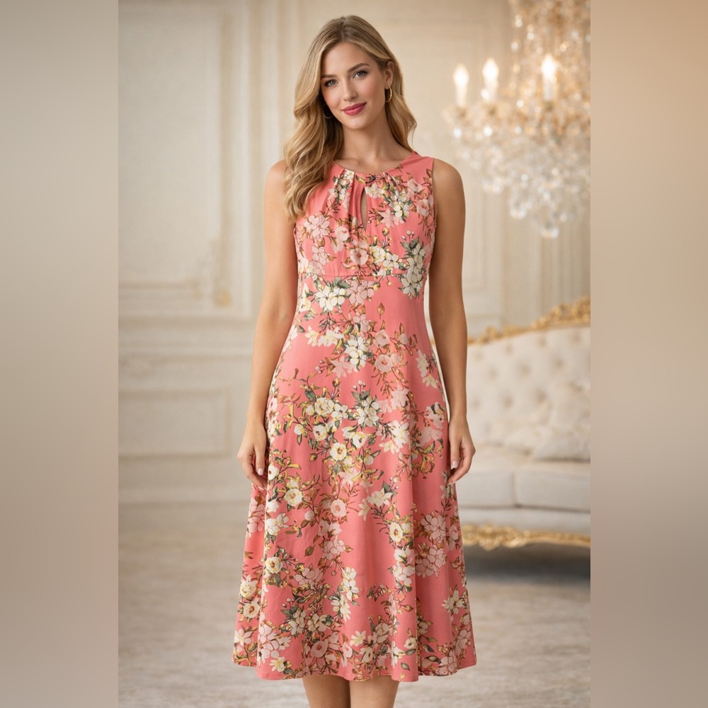 NWT London Times Coral Floral A-Line Dress Size 4 Keyhole Sleeveless Midi